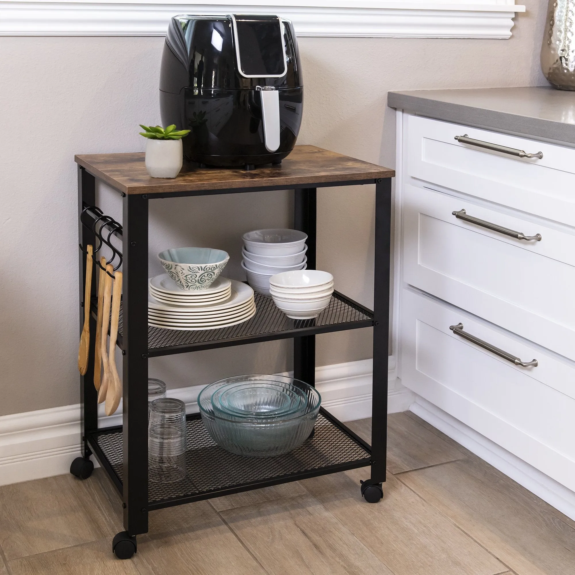 3-Tier Rustic Industrial Rolling Utility Serving Cart w/ 2 Shelves, 4 Hooks