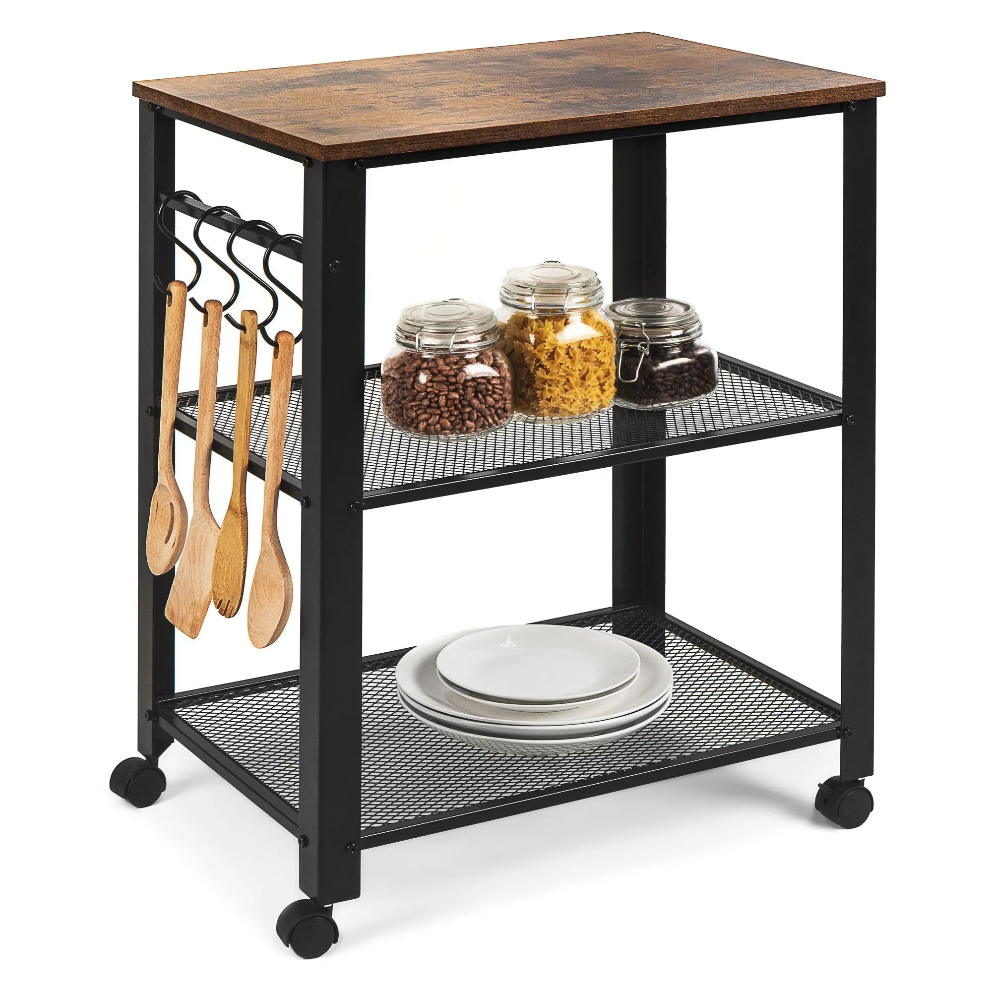 3-Tier Rustic Industrial Rolling Utility Serving Cart w/ 2 Shelves, 4 Hooks