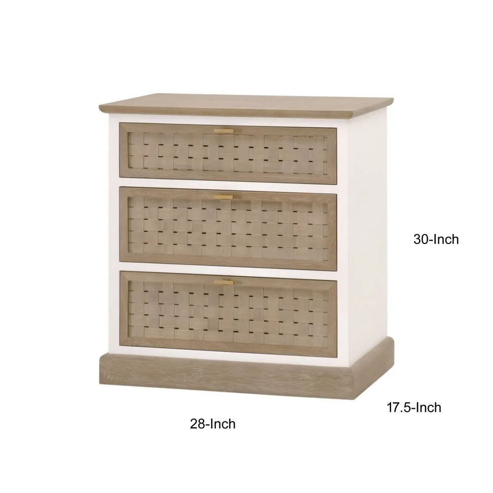 30 Inch Accent Cabinet, 3 Brown Basket Woven Drawer Fronts, Solid Oak Wood By Casagear Home