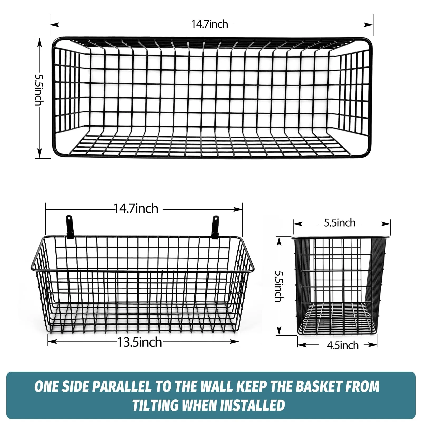 4 Set [EXTRA LARGE] Hanging Wall Mount Storage Baskets w/Adhesive Hooks & Steel Hooks, Multiuse Sturdy Wire Metal Organizing Baskets for Home Kitchen Bathroom Pantry Utility Laundry Organizer, Black