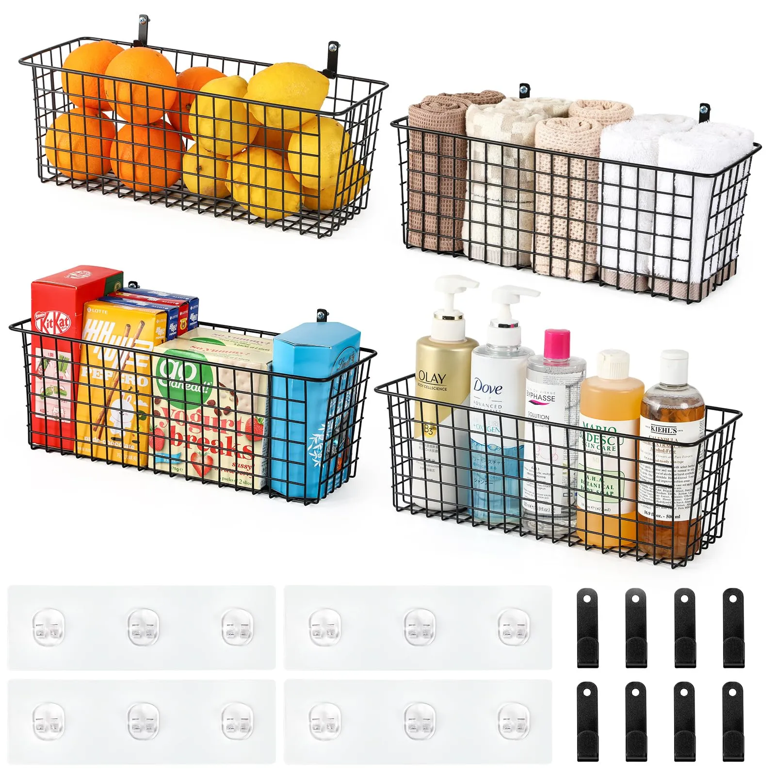 4 Set [EXTRA LARGE] Hanging Wall Mount Storage Baskets w/Adhesive Hooks & Steel Hooks, Multiuse Sturdy Wire Metal Organizing Baskets for Home Kitchen Bathroom Pantry Utility Laundry Organizer, Black