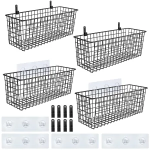 4 Set [EXTRA LARGE] Hanging Wall Mount Storage Baskets w/Adhesive Hooks & Steel Hooks, Multiuse Sturdy Wire Metal Organizing Baskets for Home Kitchen Bathroom Pantry Utility Laundry Organizer, Black