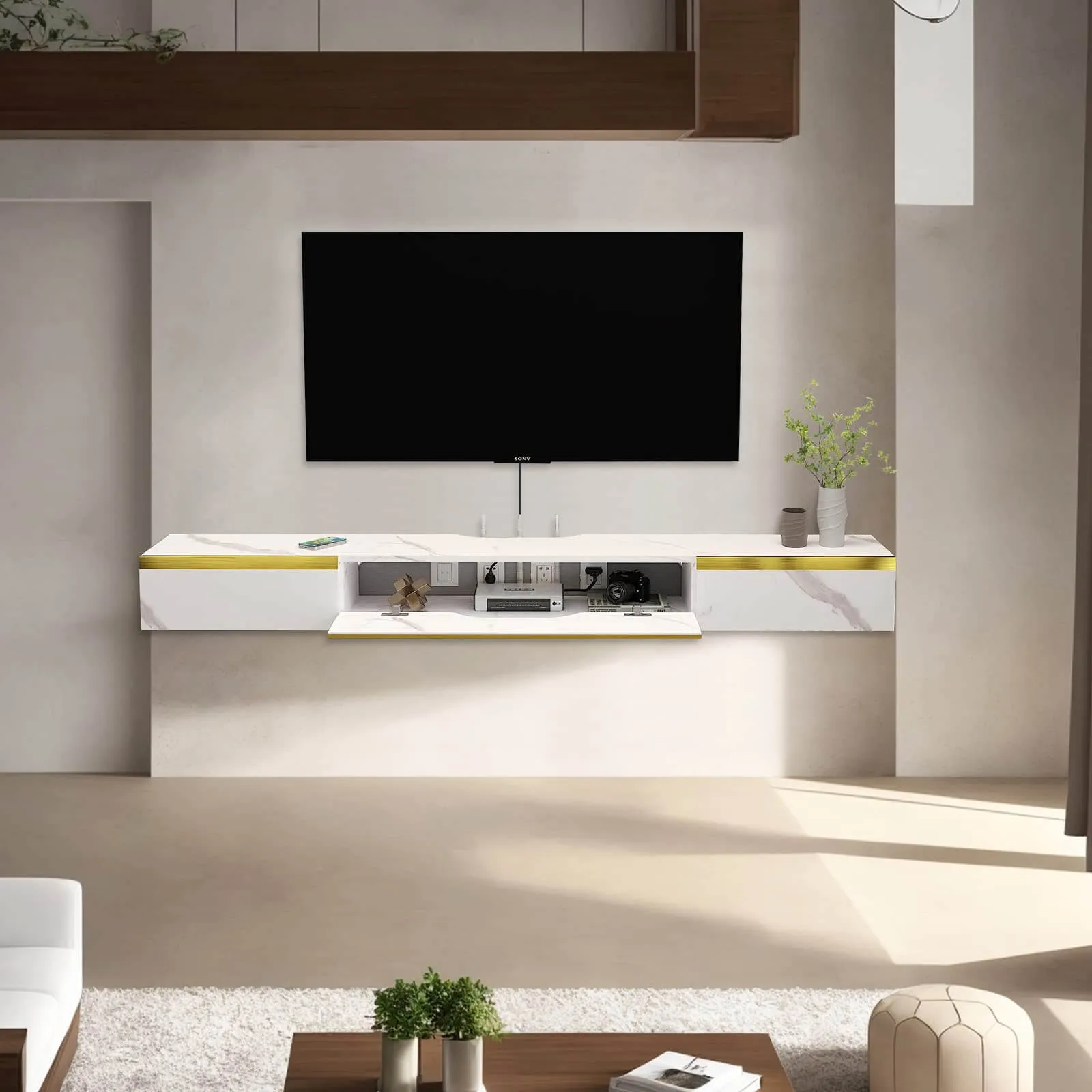 59" Elega Floating TV Stand, Marble White