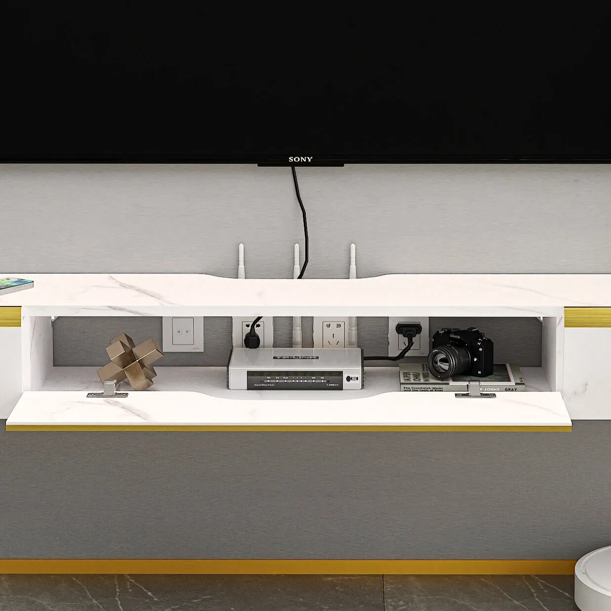 59" Elega Floating TV Stand, Marble White