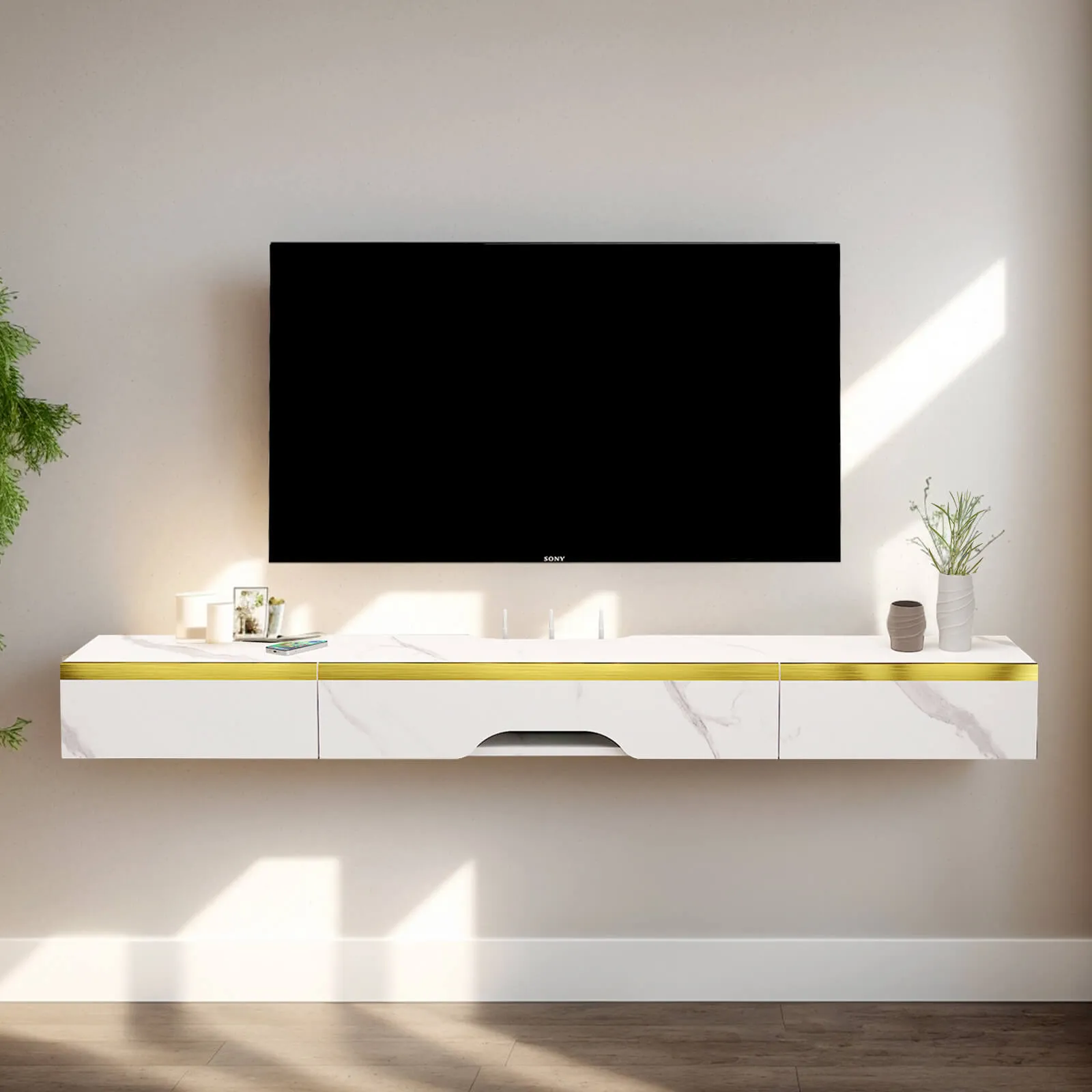 59" Elega Floating TV Stand, Marble White