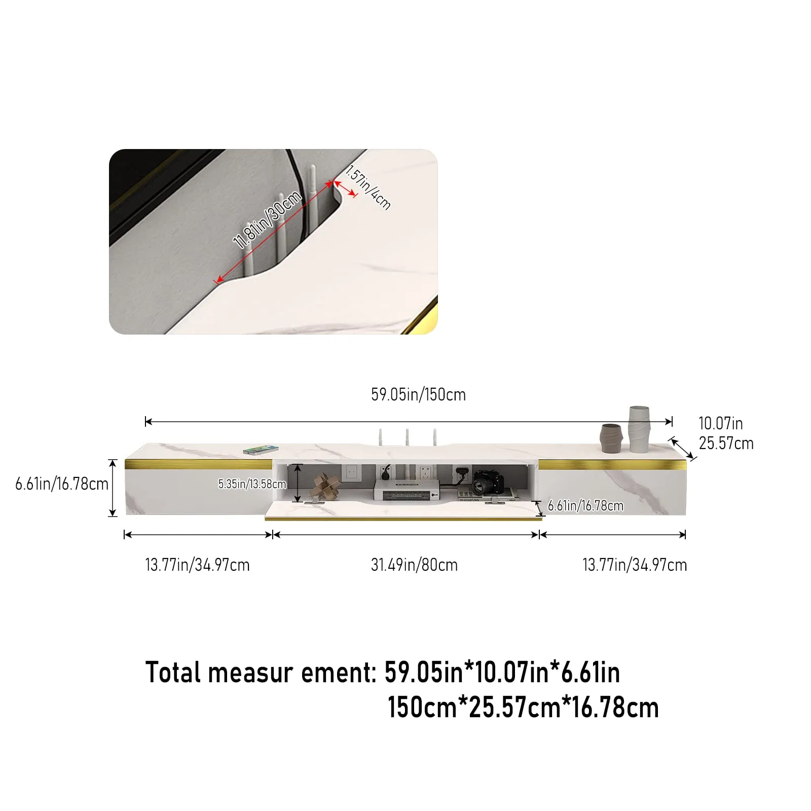 59" Elega Floating TV Stand, Marble White