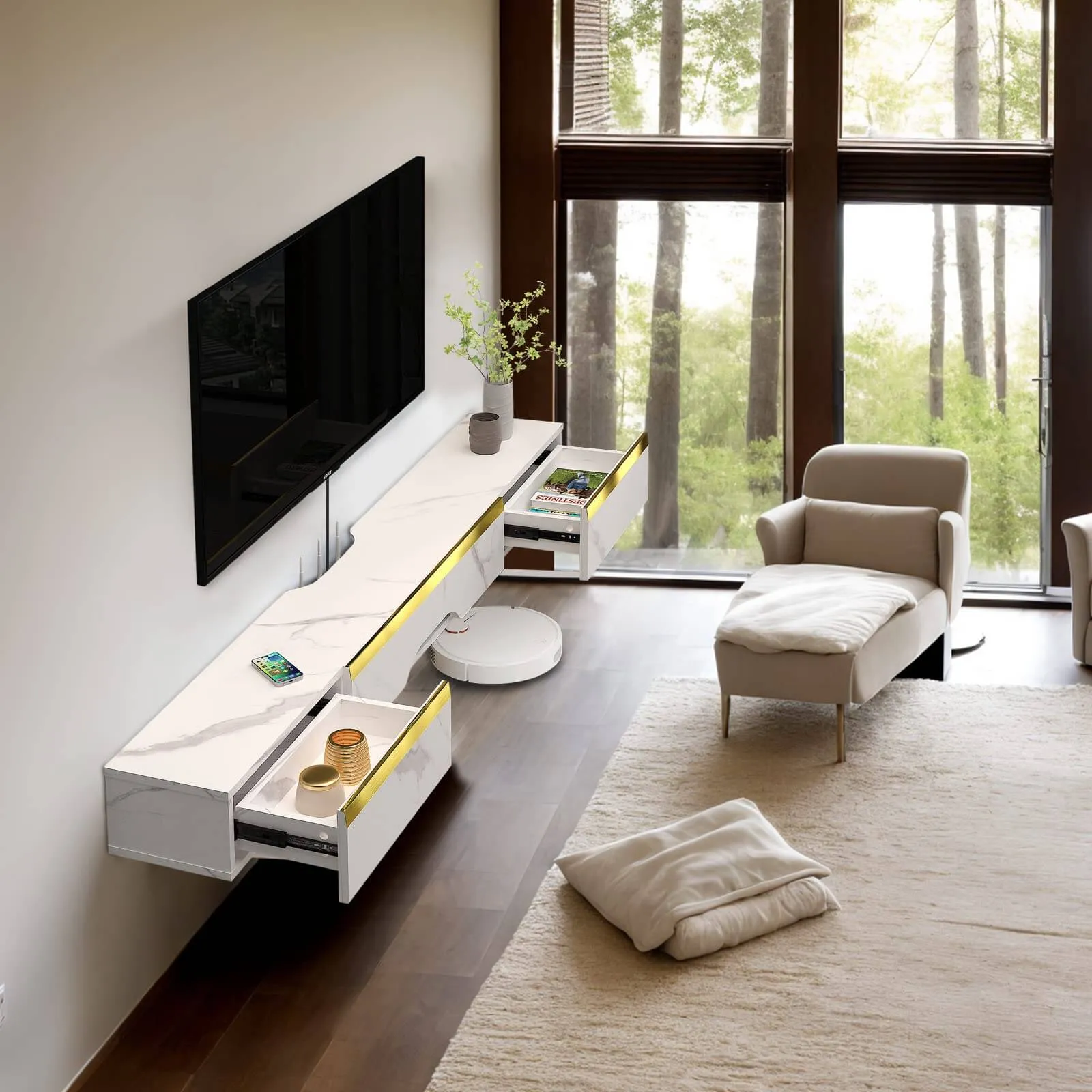 59" Elega Floating TV Stand, Marble White