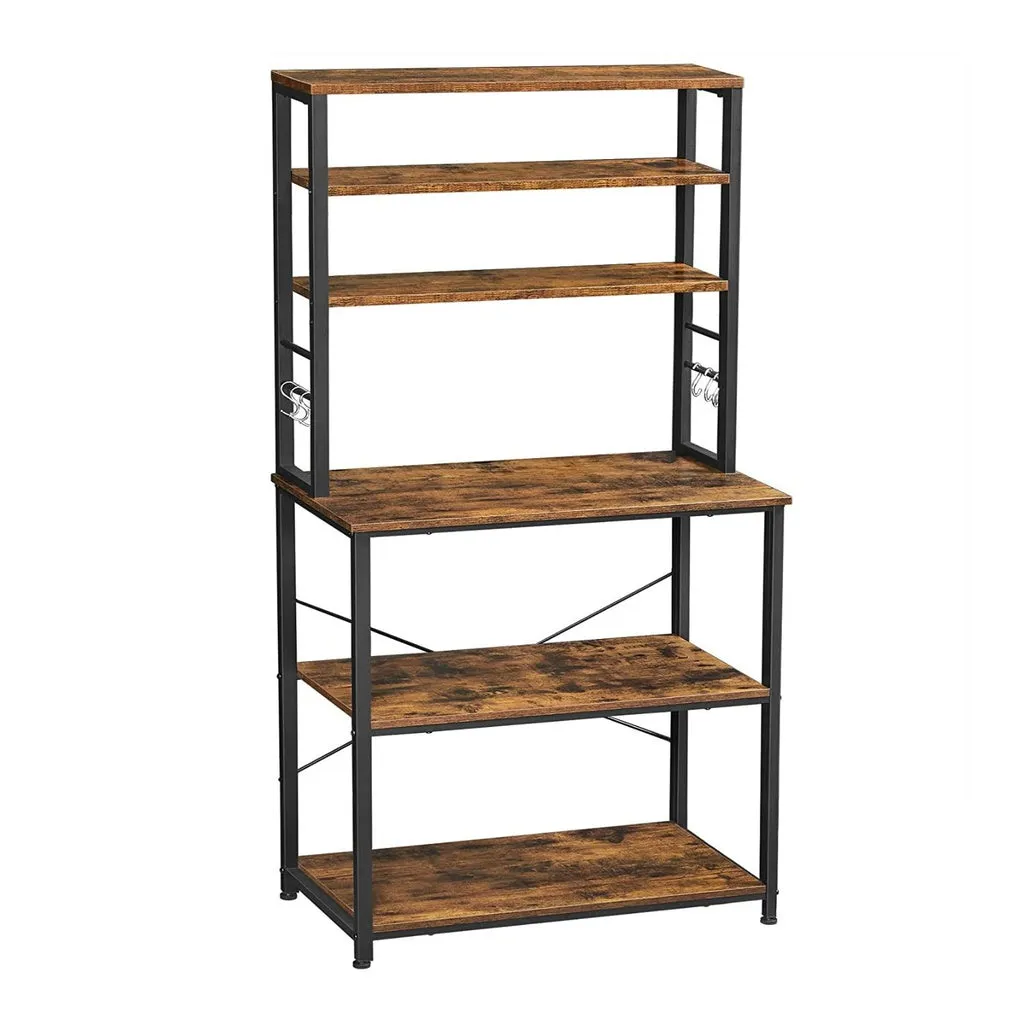 6 Tier Kitchen Storage Shelves with 6 Hooks, Rustic Brown & Black