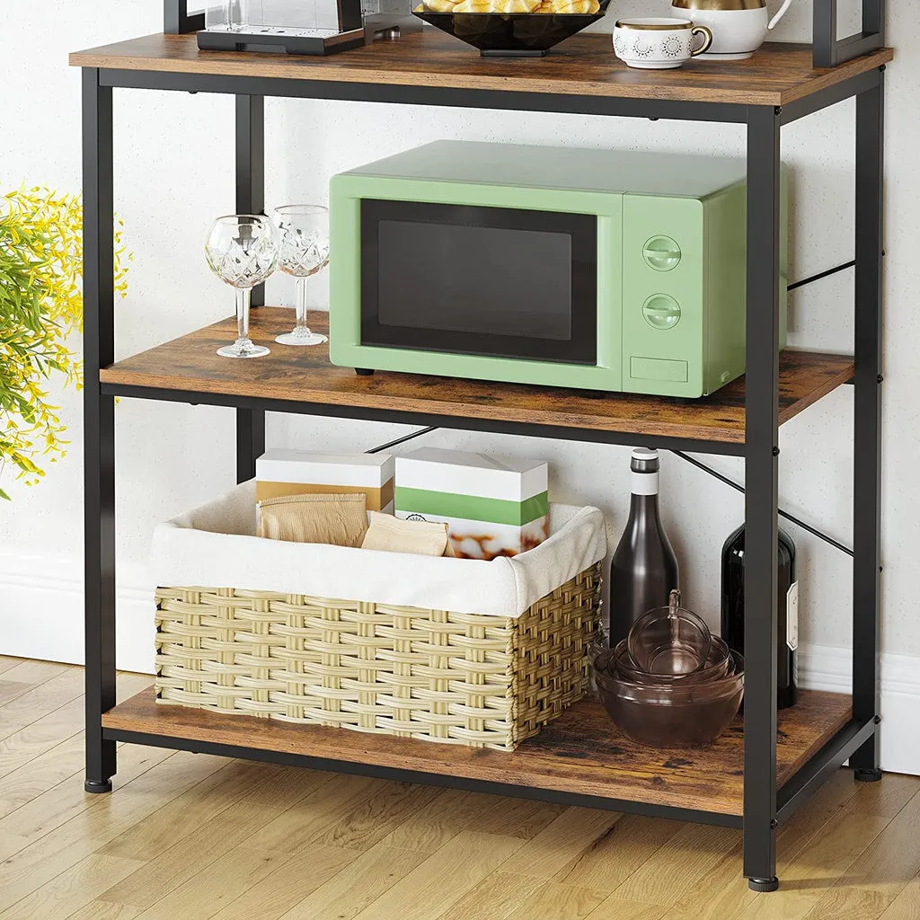 6 Tier Kitchen Storage Shelves with 6 Hooks, Rustic Brown & Black