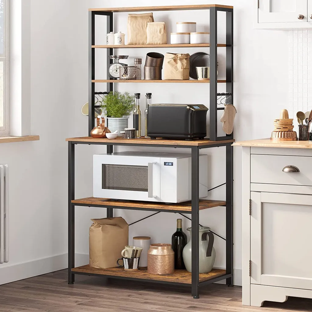 6 Tier Kitchen Storage Shelves with 6 Hooks, Rustic Brown & Black