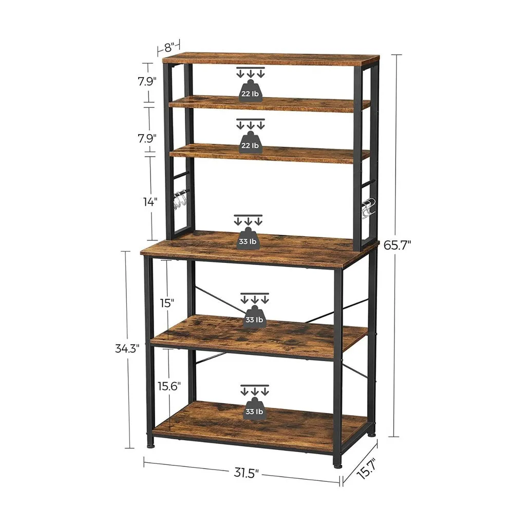 6 Tier Kitchen Storage Shelves with 6 Hooks, Rustic Brown & Black