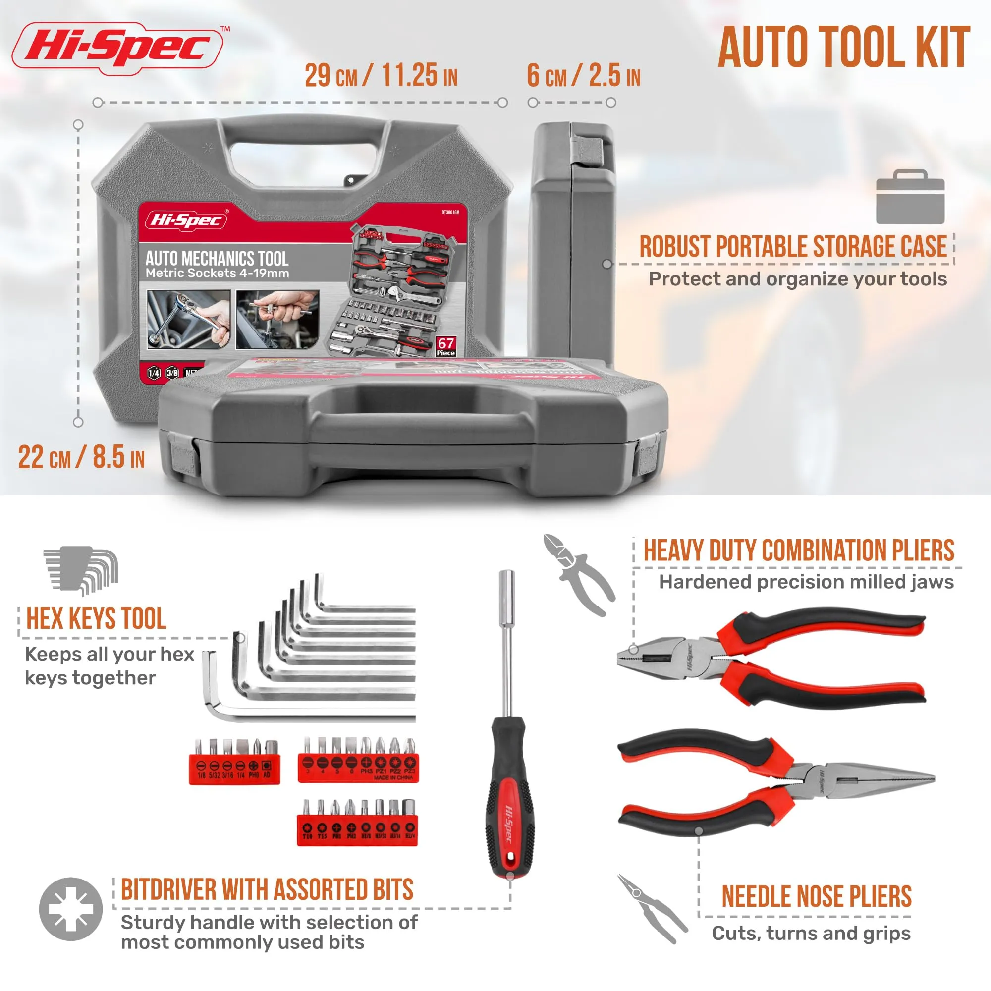 67pc METRIC Auto Mechanics Sockets and Hand Tool Kit Set. Portable DIY Set for Car, Motorcycle, Engine & Garage Repairs