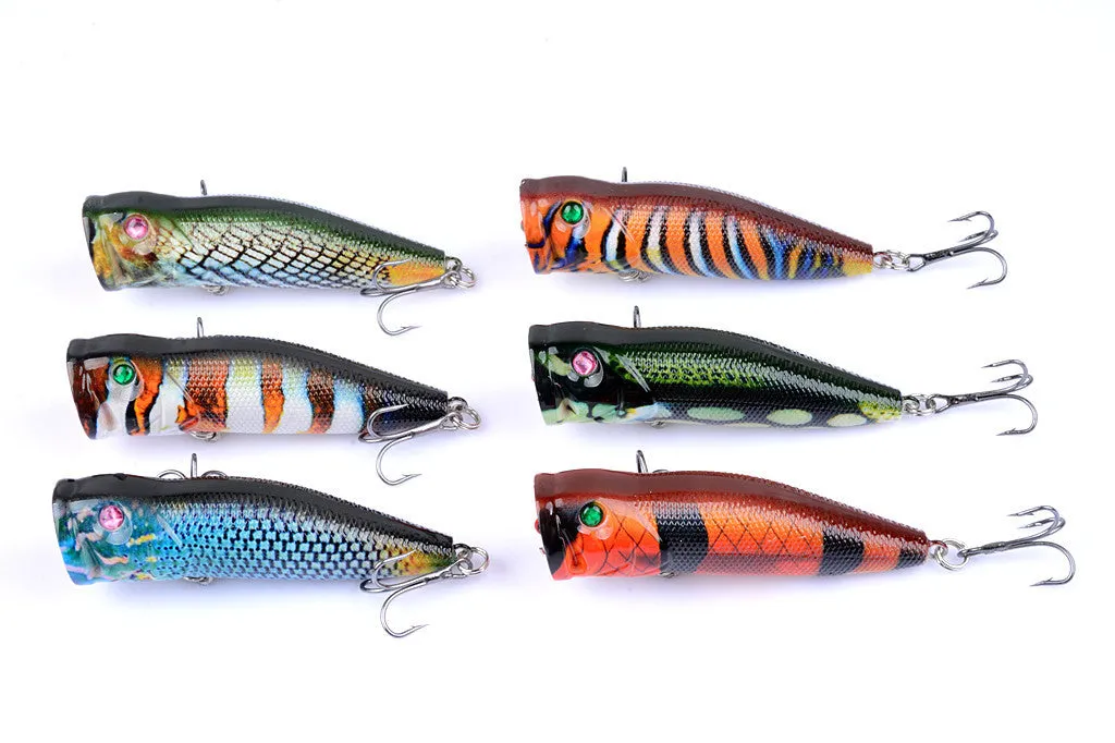 6X 7cm Popper Fishing Lures, 3D Eyes, Sharp Hooks, Durable ABS