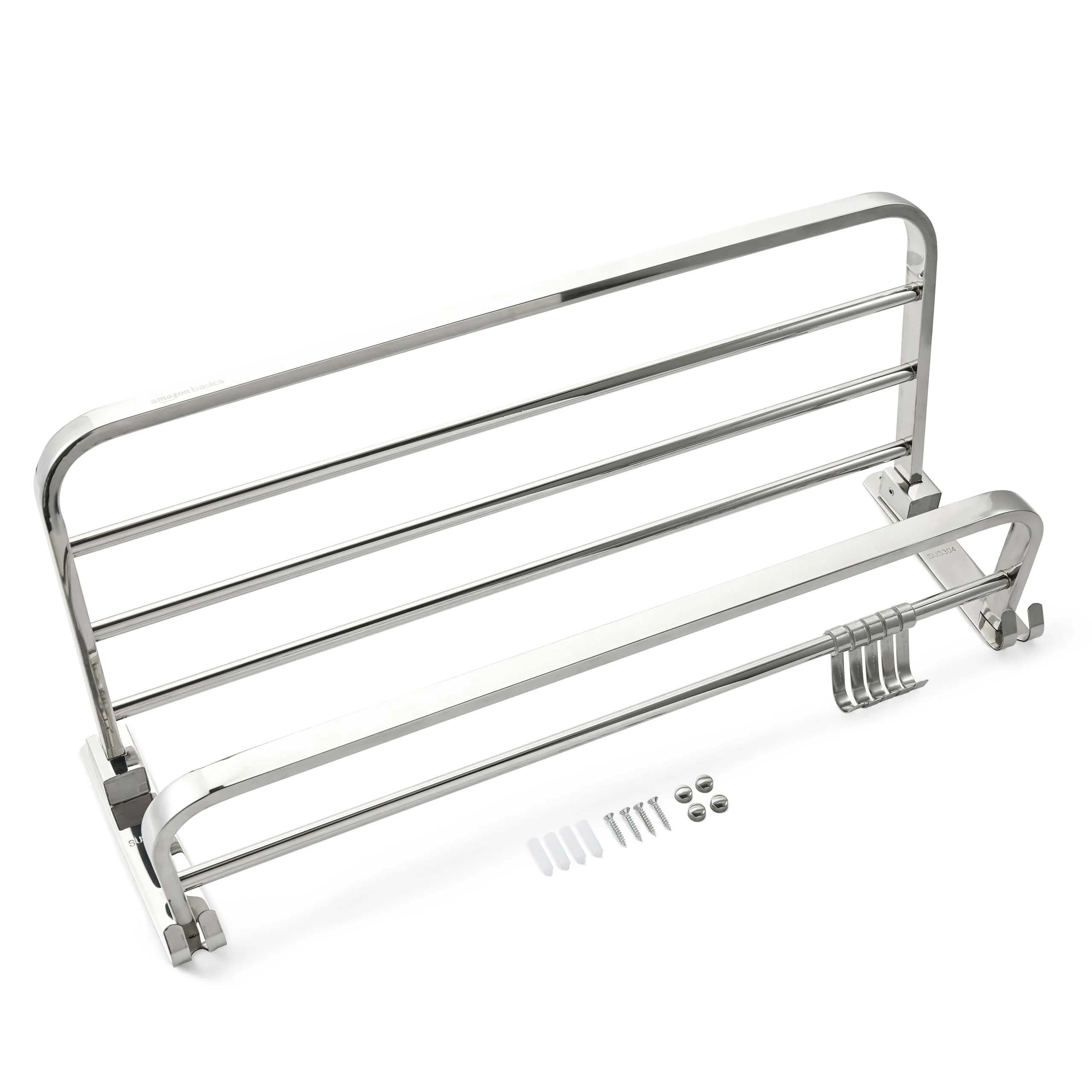 Amazon Basics Bathroom Accessories Stainless Steel 304 Grade | Dual Folding Towel Rack for Bathroom/Towel Stand/Hanger/Bathroom Organizer with 5 Hooks | 24 Inch, Chrome Finish