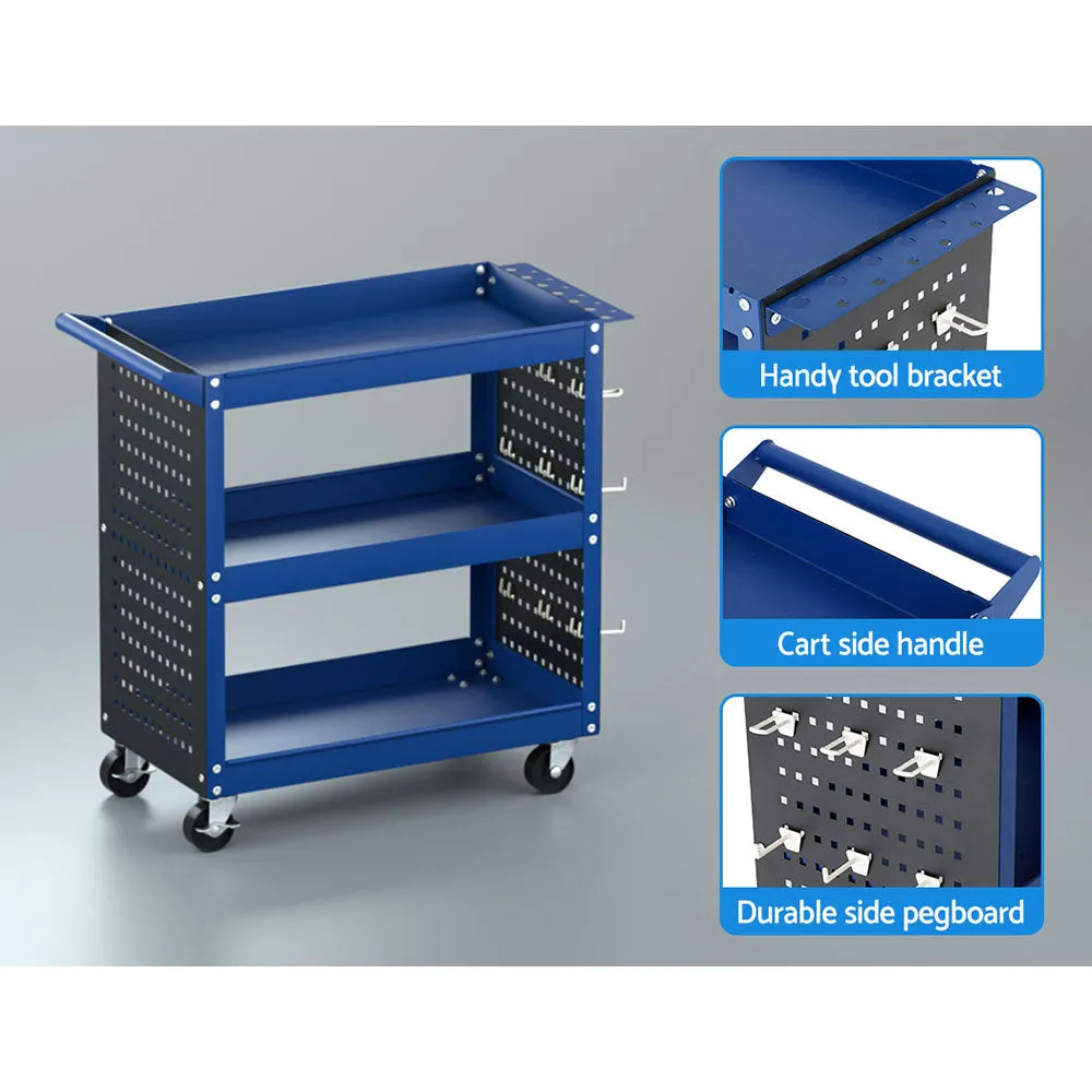 Blue 3-Tier Tool Cart 150kg Capacity with Pegboard – Giantz