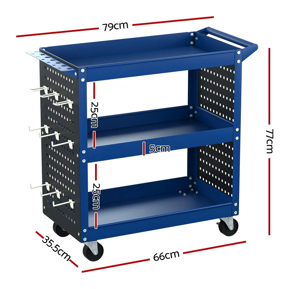 Blue 3-Tier Tool Cart 150kg Capacity with Pegboard – Giantz