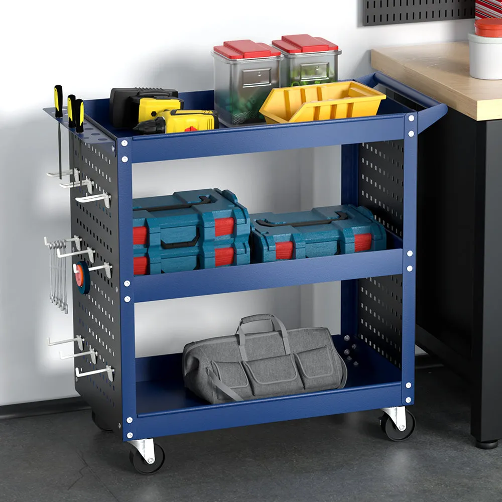 Blue 3-Tier Tool Cart 150kg Capacity with Pegboard – Giantz