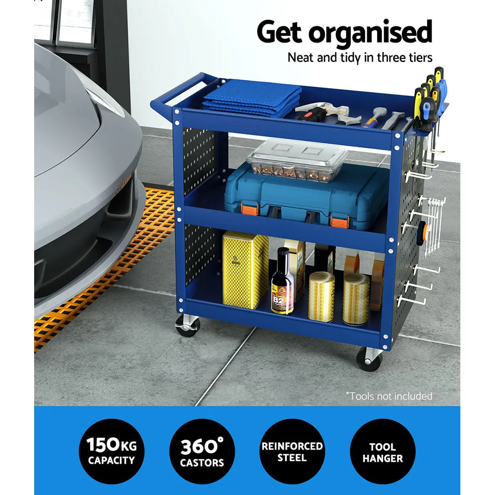 Blue 3-Tier Tool Cart 150kg Capacity with Pegboard – Giantz