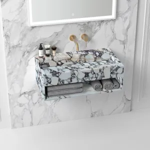 Calacatta Viola Marble Wall-mount Bathroom Sink Hidden Drain with Storage (W)18" (L)40" (H)10"