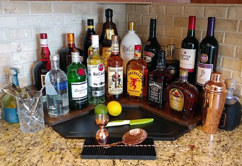 Counter Caddies™ - Walnut-Stained Corner Shelf - Liquor/Wine Bottle Display Style - Available in Black