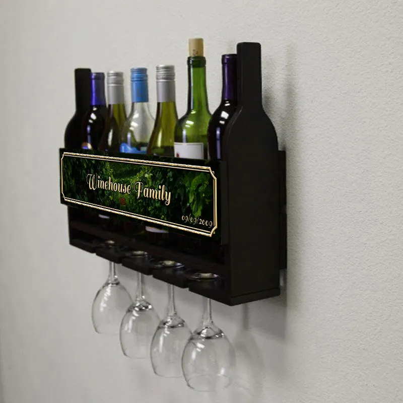 CUSTOMIZABLE Wall Mounted Wine Bottle & Glass Hanging Shelf w/ Painted Vineyard Plaque