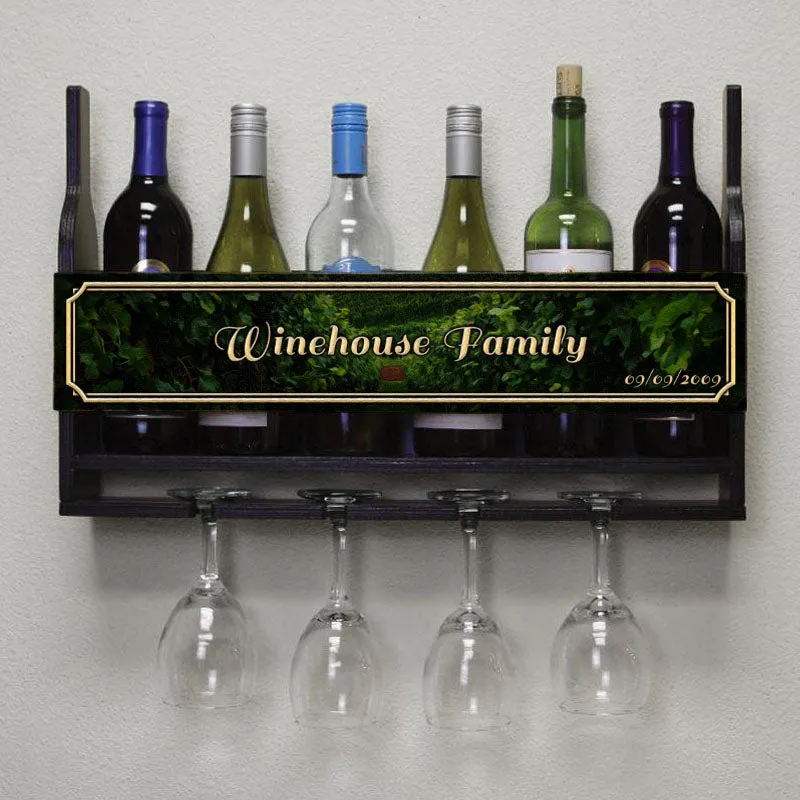 CUSTOMIZABLE Wall Mounted Wine Bottle & Glass Hanging Shelf w/ Painted Vineyard Plaque