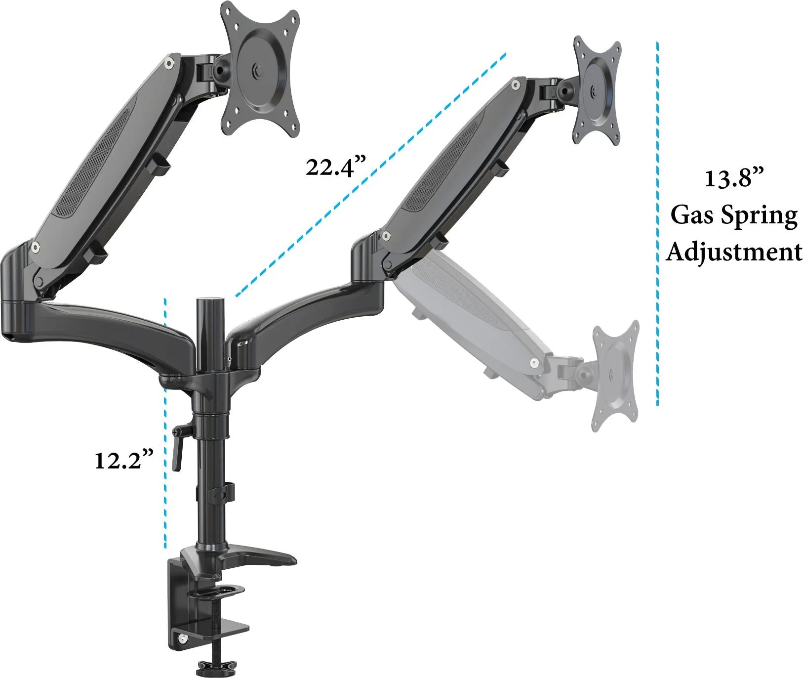 Dual Gas Spring Fully Adjustable Monitor Arm Mount Stand, for Two 15"-32" Monitors, Full Motion Swivel Tilt Rotation Monitor Arm, Black (2MSGB-V)