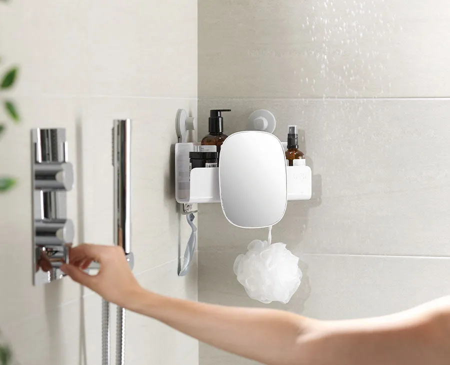 EasyStore™ White Corner Shower Shelf with Removable Mirror