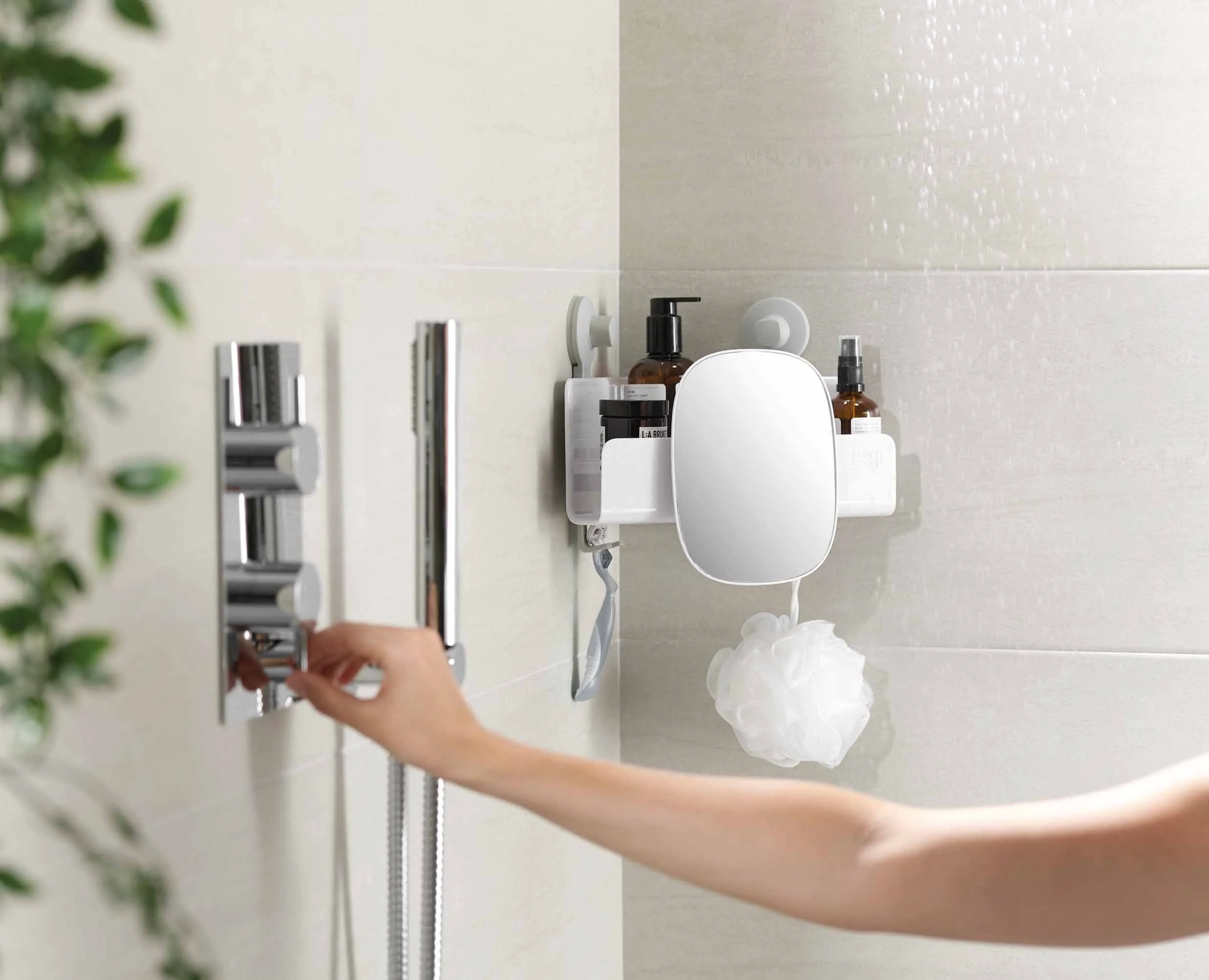 EasyStore™ White Corner Shower Shelf with Removable Mirror