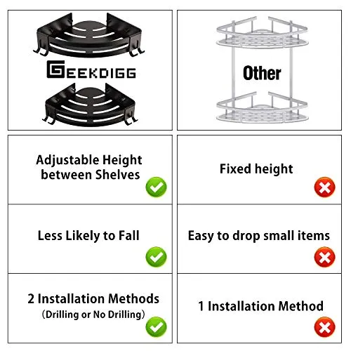 Geekdigg 2 Pack Corner Shower Caddy Adhesive Wall Mounted Drill Aluminum Organizer