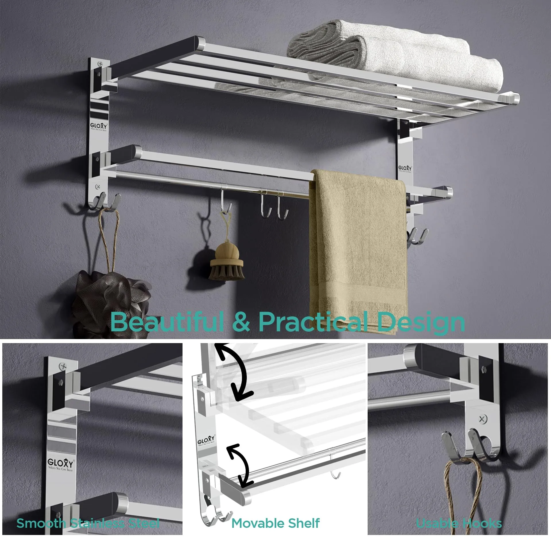 GLOXY Stainless Steel Folding 24 Inches Large Towel Rack for Bathroom/Towel Holder/Towel Stand for Bathroom Accessories and Fittings (61Cms/Chrome/Foldable)