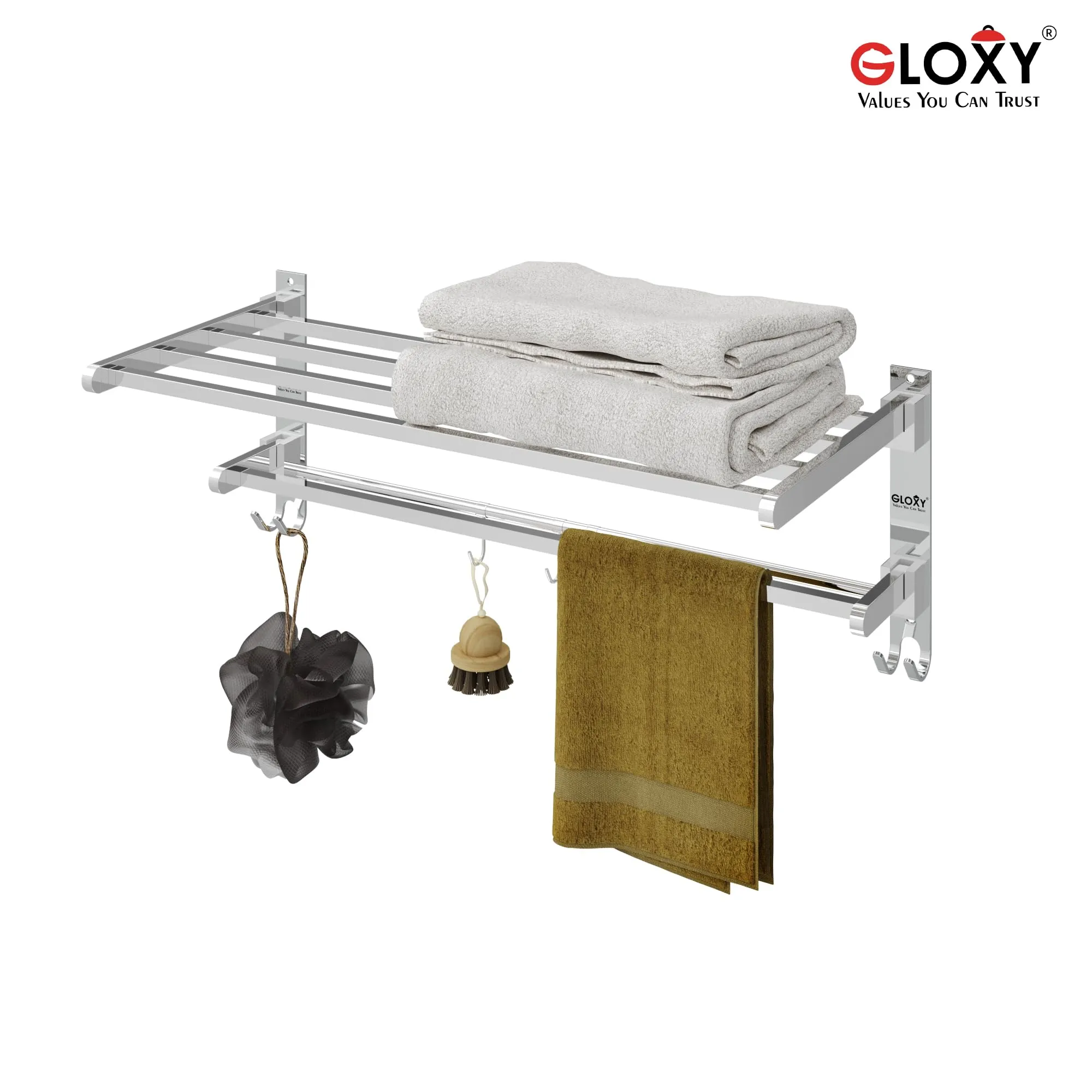 GLOXY Stainless Steel Folding 24 Inches Large Towel Rack for Bathroom/Towel Holder/Towel Stand for Bathroom Accessories and Fittings (61Cms/Chrome/Foldable)