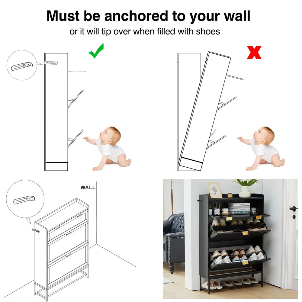 Hidden Shoe Cabinet Free Standing Narrow Shoe Rack Cabinet with 2 Flip Drawer