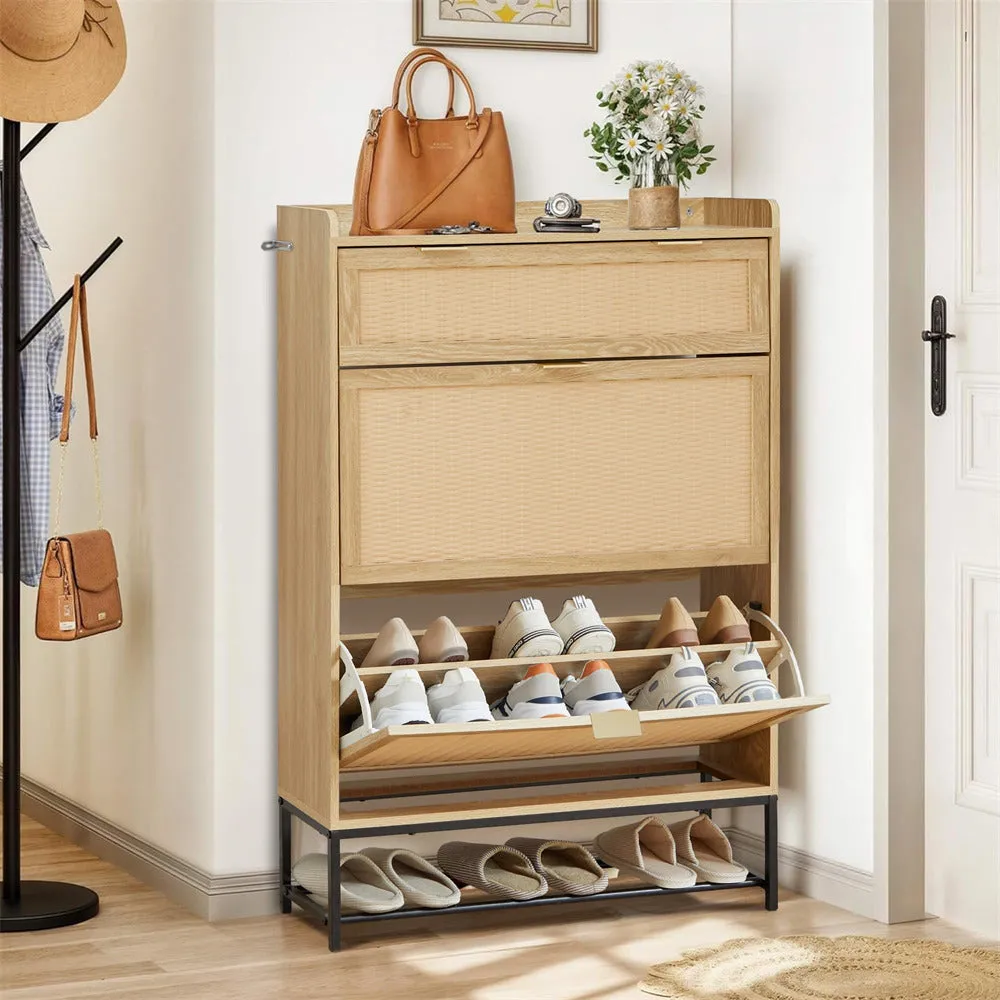 Hidden Shoe Cabinet Free Standing Narrow Shoe Rack Cabinet with 2 Flip Drawer