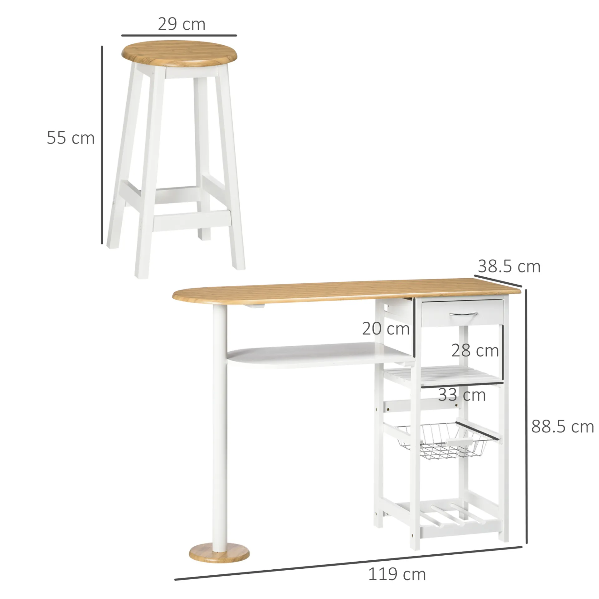 HOMCOM 3 Piece Bar Table Set with Storage Shelf, Drawer, Wire Basket, and Wine Rack - Elegant Dining Solution for Kitchen & Home Bar