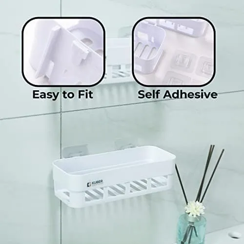 Kuber Industries Pack of 3 Bathroom & Kitchen Organizer PP|Durable & Non-Toxic|Self-Adhesive|Drainage Holes|Multipurpose Set of Storage Racks & Shelves|Set of 2|A50532|White