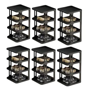 Kuber Industries (Set of 6) Waterproof Plastic Chappal Stand for Slipper & Footwear | 4-Layer Portable Shoe Rack For Home | Collapsible Design - Black