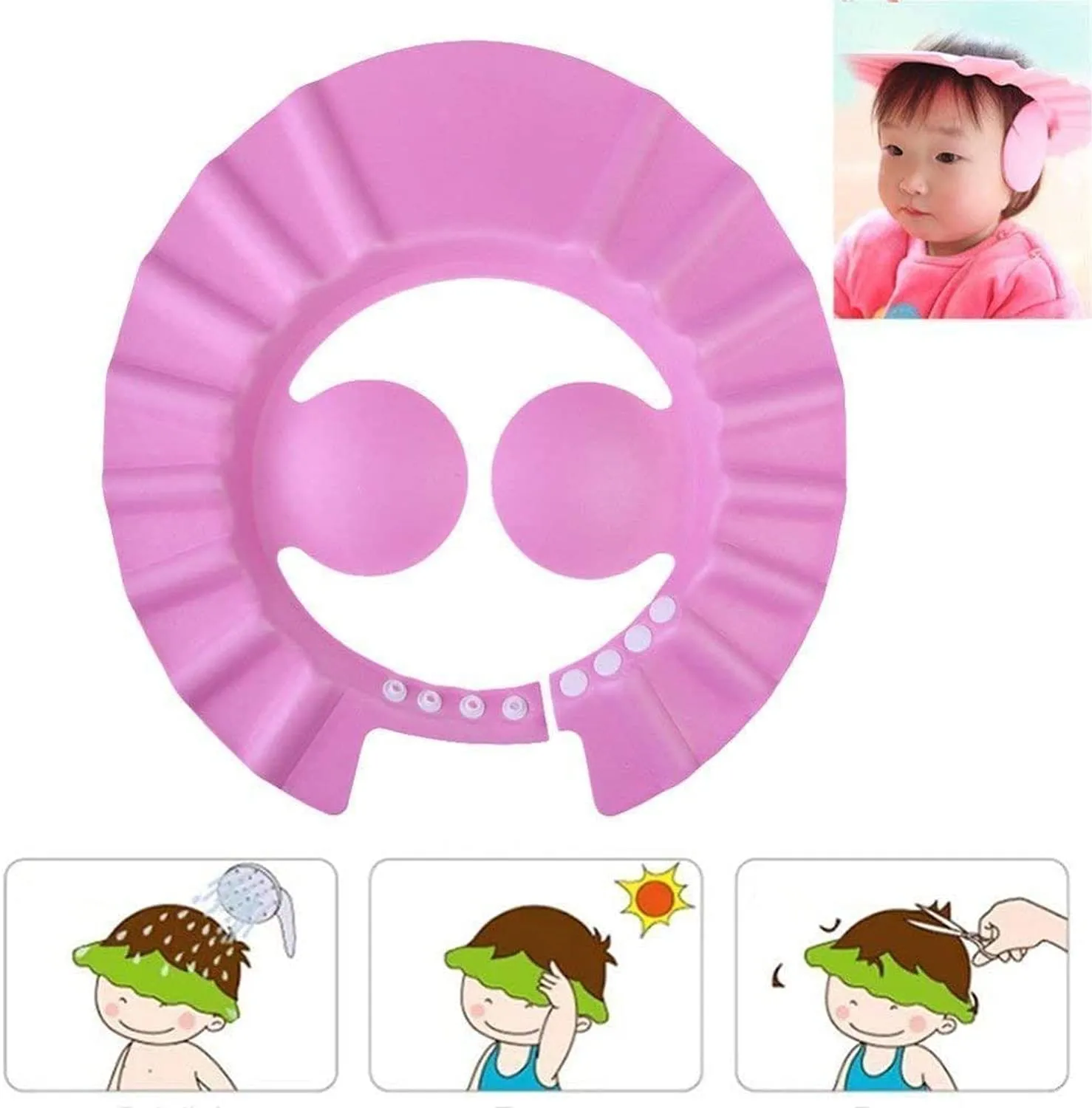 Kuber Industries Soft Adjustable Visor Hat Safe Shampoo Shower Bathing Protection Bath Cap for Toddler, Baby, Kids, Children-Pack of 2 (Pink)-HS_38_KUBMART21349