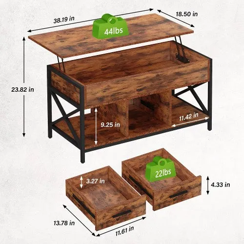 Luxurious Lift Top Coffee Table with 2 Drawers, Open Side Shelf, Hidden Compartment for Home, Living Room | Upgraded -Brown