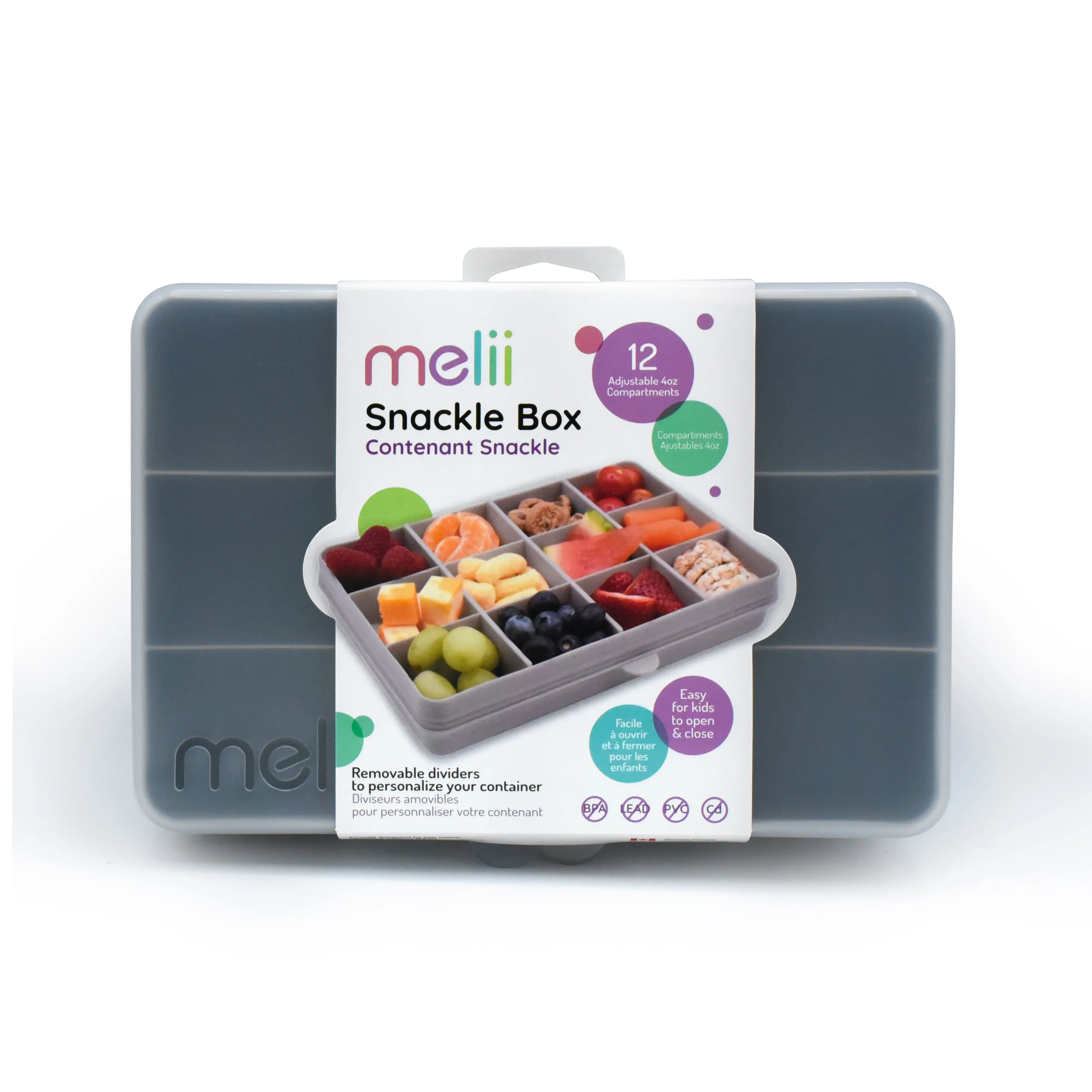 melii Snackle Box Grey - 12 Compartment Snack Container with Removable Dividers for Customizable Storage - Ideal for On the Go Snacking, BPA Free, Easy to Open and Clean