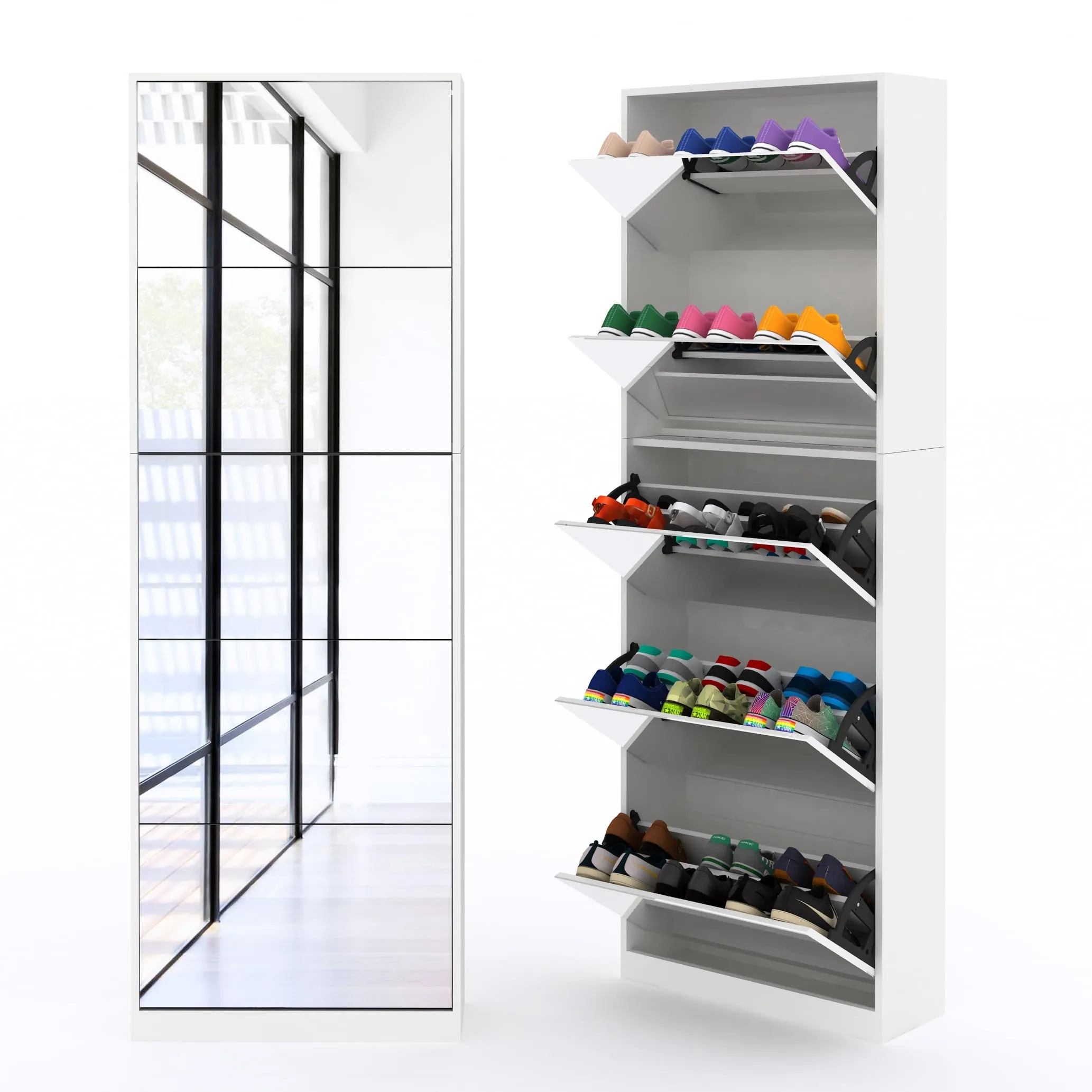 modern Modern Shoe Storage Organizer Cabinet with Full Length Mirror, Wood Shoe Rack with 5 Flip Drawer for Entryway,White