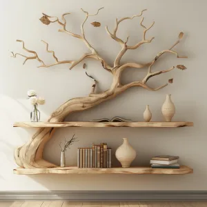 Rustic Tree Branch Floating Bookshelf Wall Art