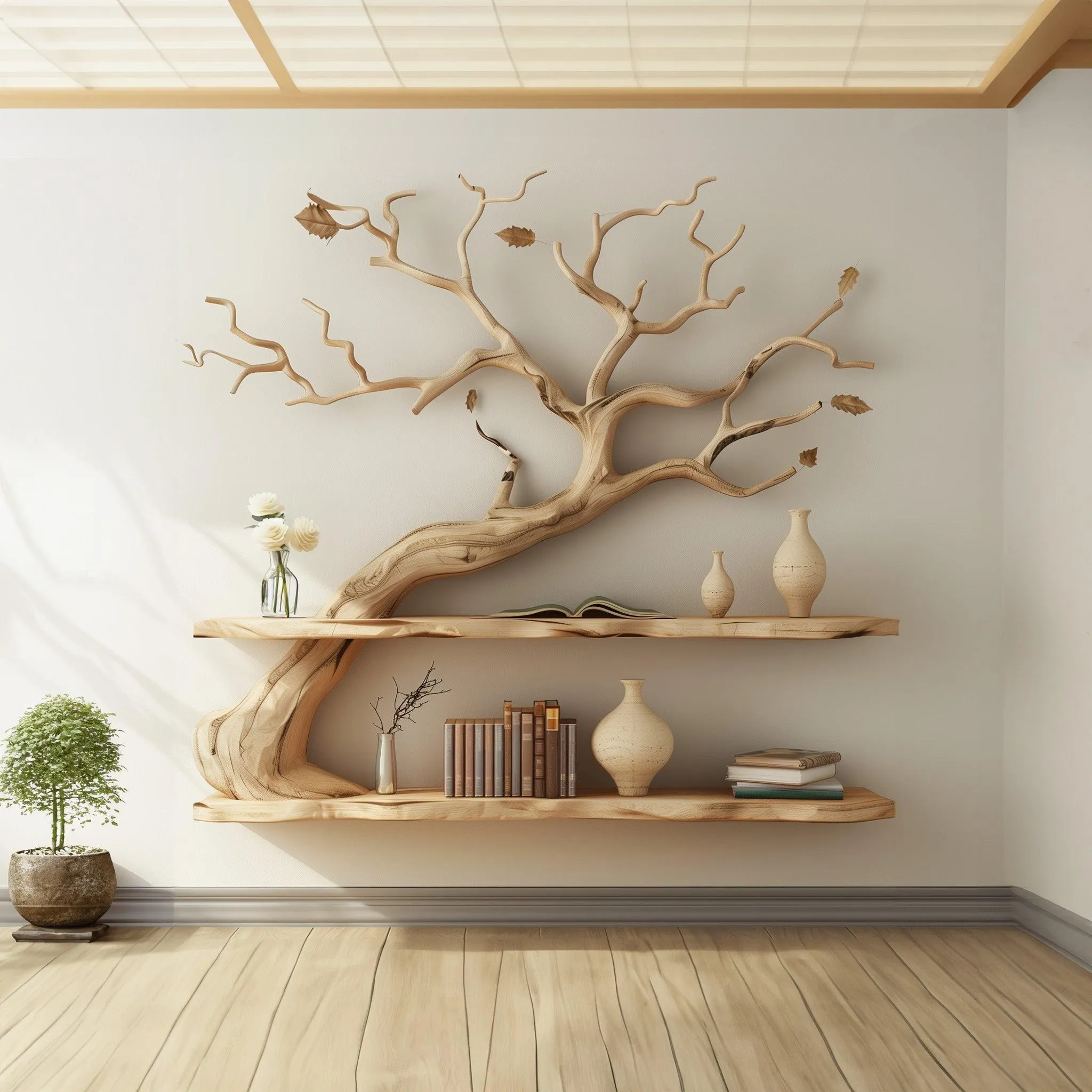 Rustic Tree Branch Floating Bookshelf Wall Art