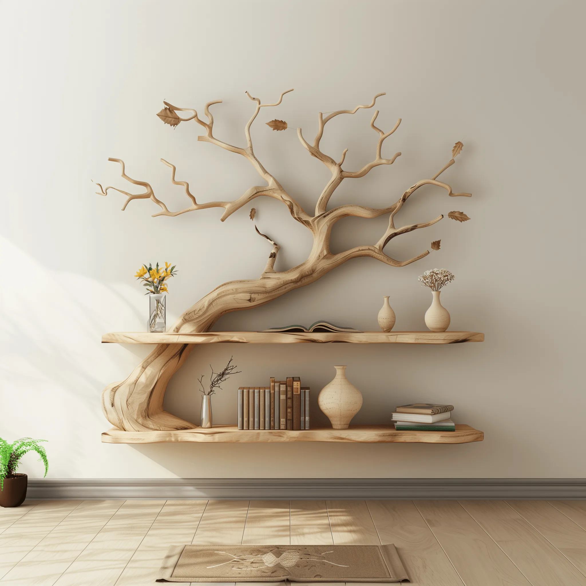 Rustic Tree Branch Floating Bookshelf Wall Art