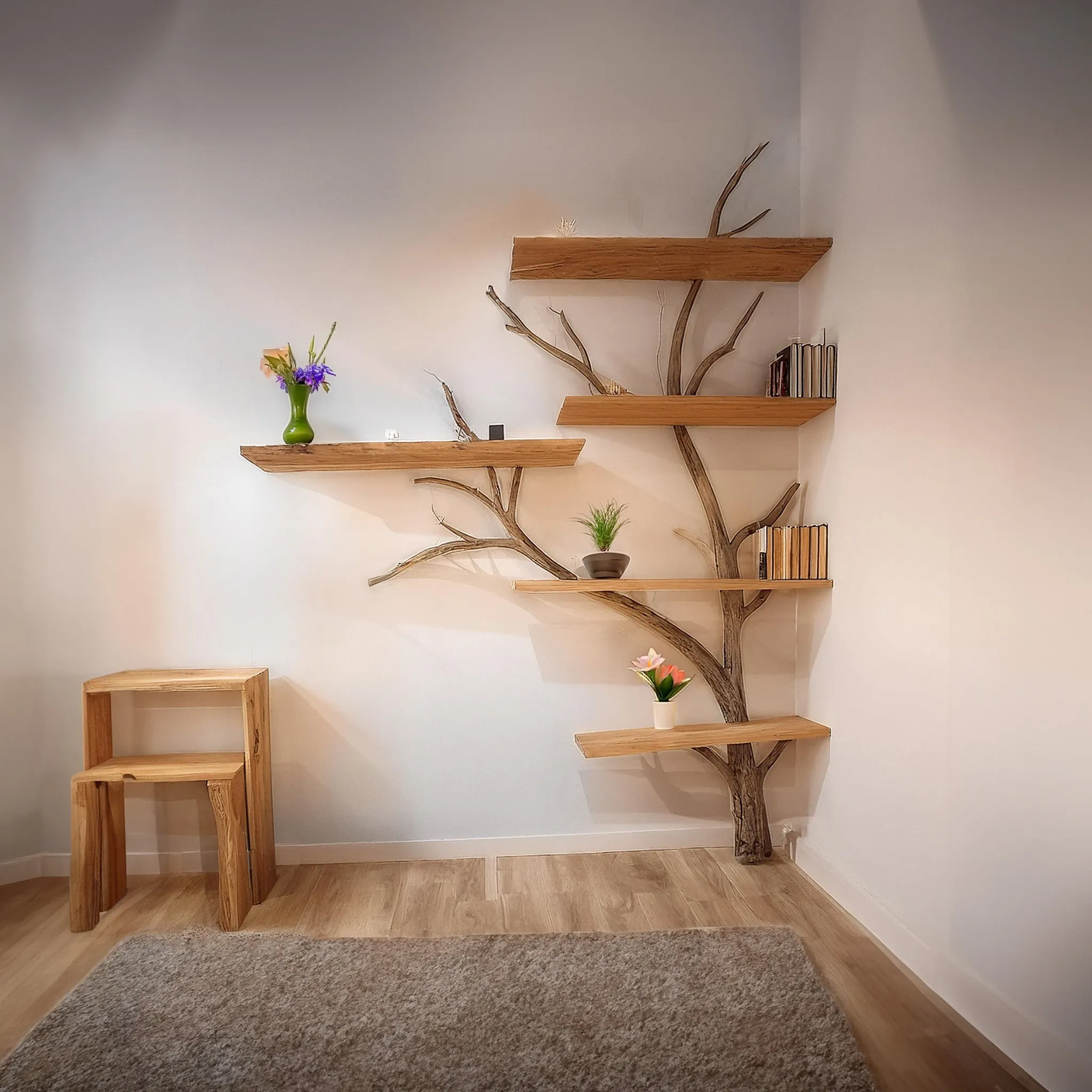 Solid Wood Tree Bookshelf with Branch Shelves