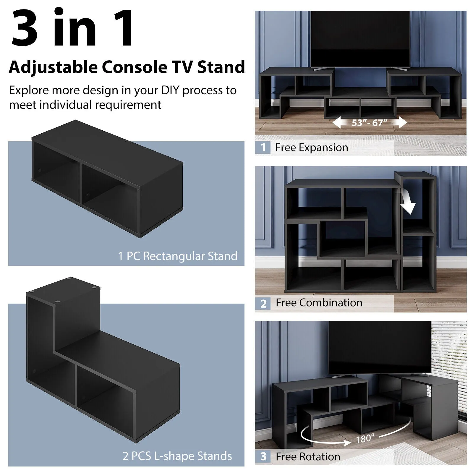 Tangkula 3 Pieces Console TV Stand, Free-Combination Entertainment Center for 50 55 60 65 Inch TV