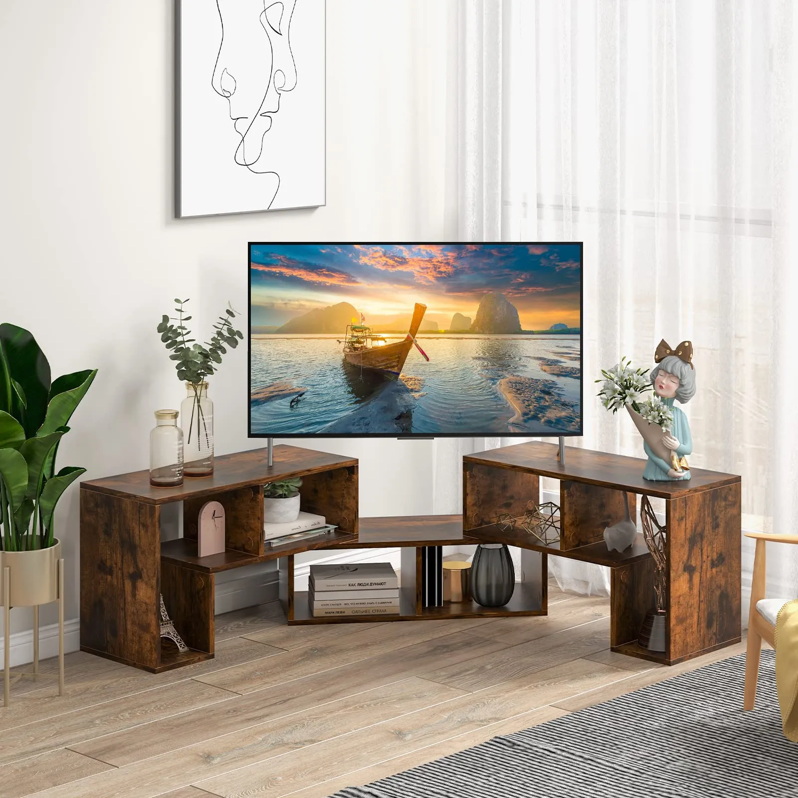 Tangkula 3 Pieces Console TV Stand, Free-Combination Entertainment Center for 50 55 60 65 Inch TV