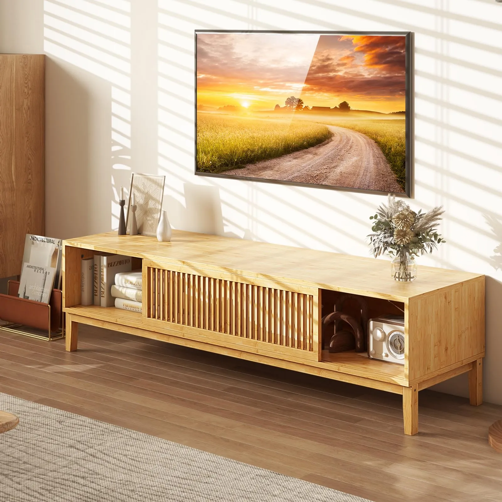 Tangkula Bamboo TV Stand for TVs Up to 65”, Mid Century Modern TV Console Table with Slats Sliding Doors & 2 Storage Shelves