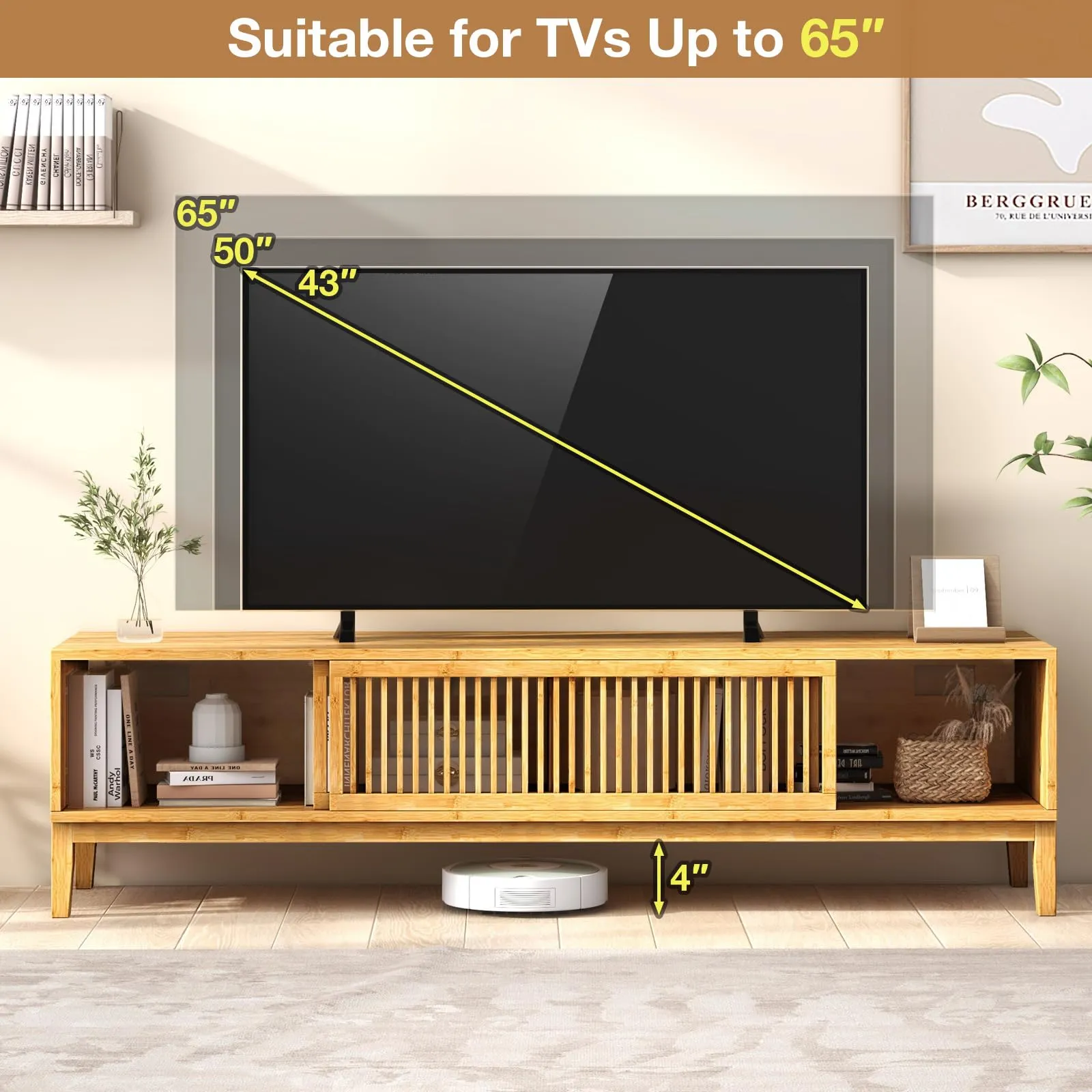 Tangkula Bamboo TV Stand for TVs Up to 65”, Mid Century Modern TV Console Table with Slats Sliding Doors & 2 Storage Shelves