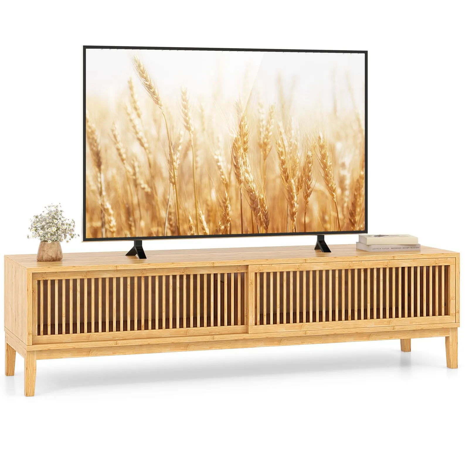 Tangkula Bamboo TV Stand for TVs Up to 65”, Mid Century Modern TV Console Table with Slats Sliding Doors & 2 Storage Shelves